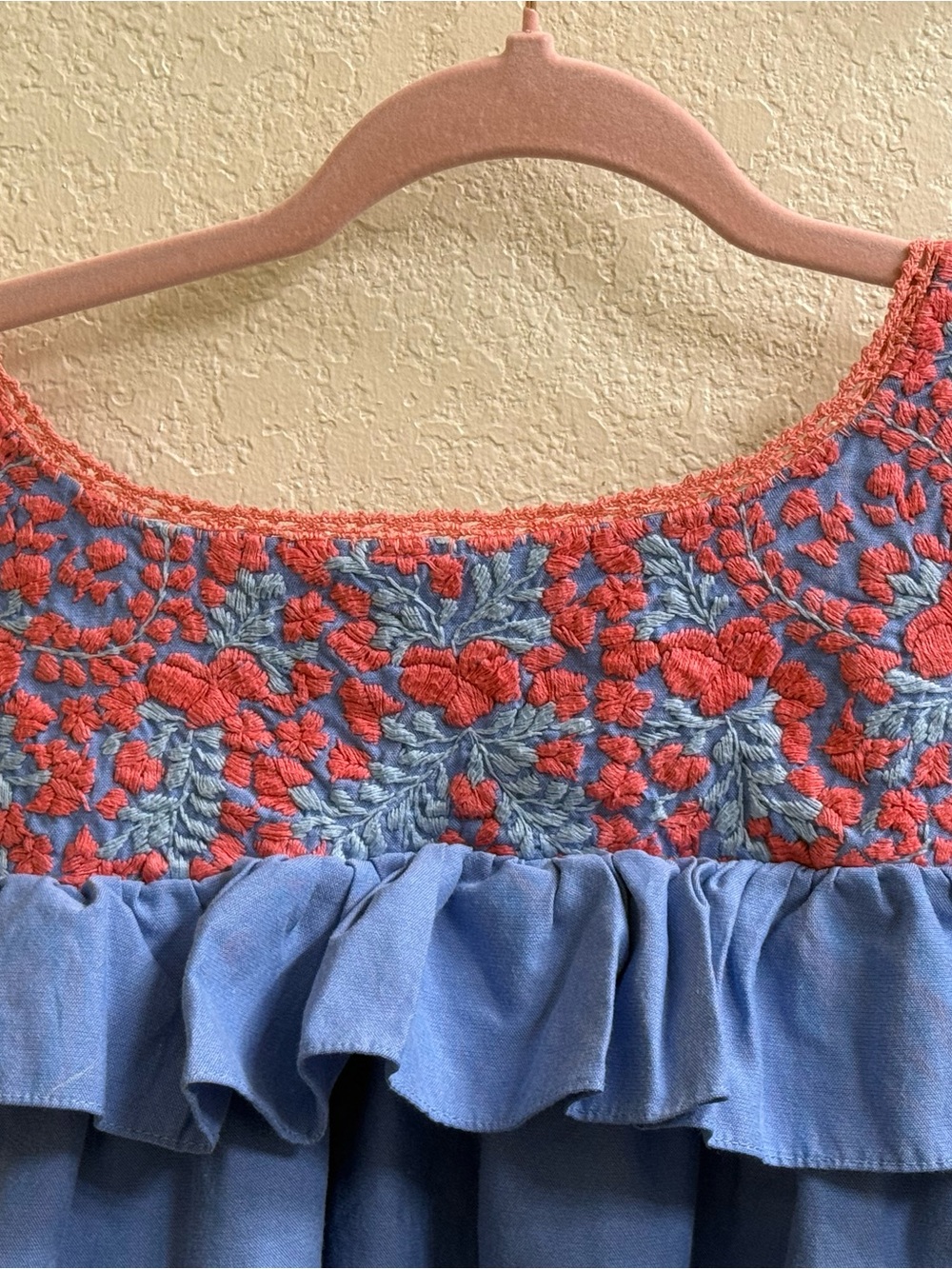 Mi Golondrina Blue Embroidered Flutter Sleeve Top with Coral Floral Detail - Picture 6 of 11